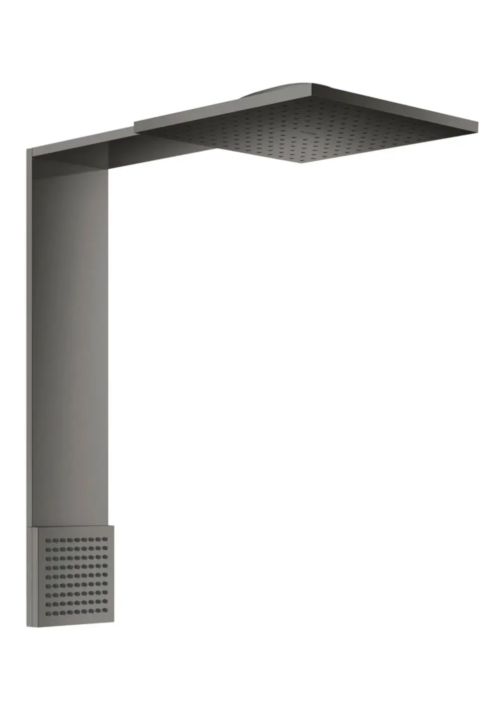 Duschmodul in Schwarz mit rechteckigem Kopfteil und seitlicher Struktur. Geeignet für eine AXOR Duschinstallation, bietet einen klaren und funktionalen Look.